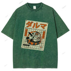 Unisex Japanese Bodhidharma Printed Washed Tee