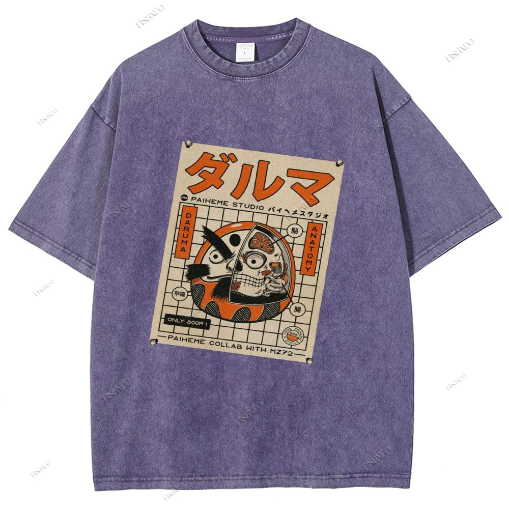 Unisex Japanese Bodhidharma Printed Washed Tee