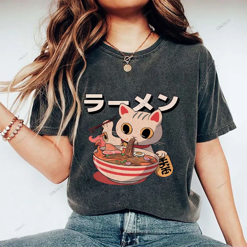 Unisex Japanese Cat Printed Washed Tee