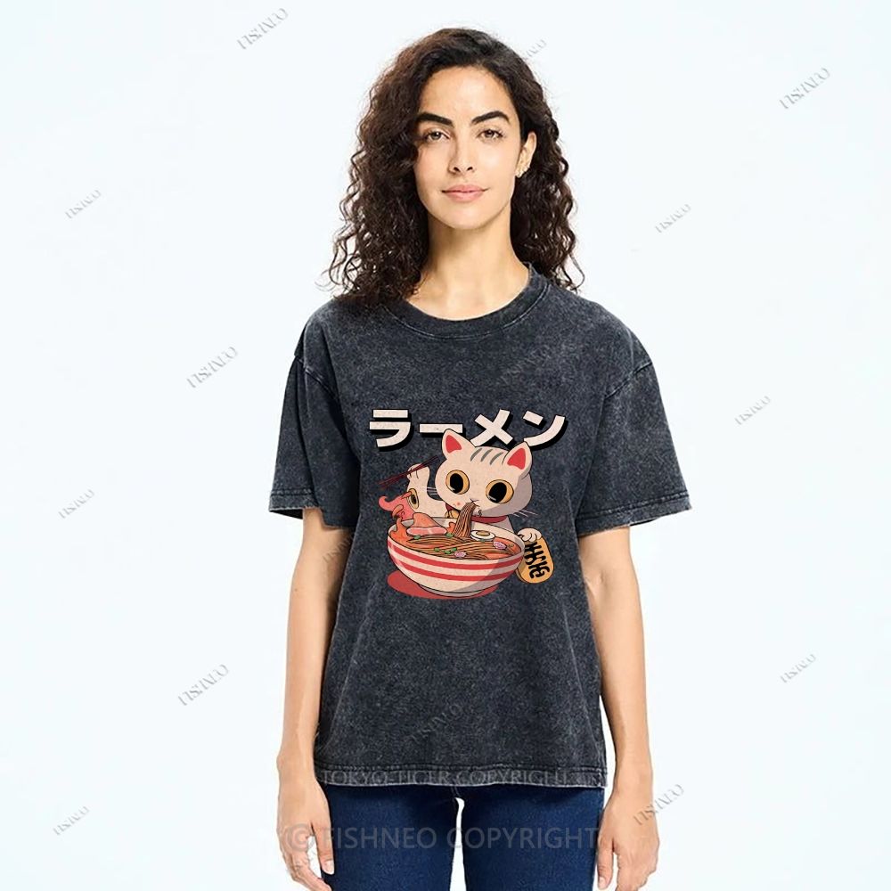 Unisex Japanese Cat Printed Washed Tee