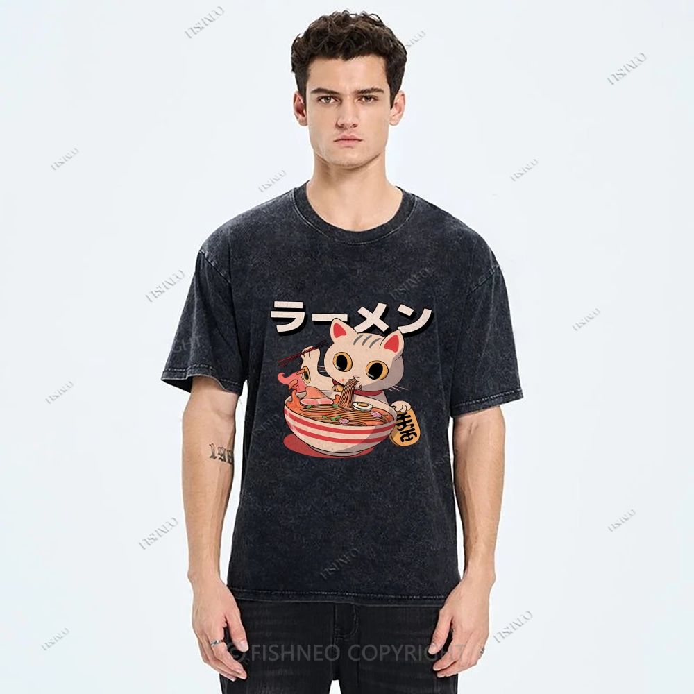 Unisex Japanese Cat Printed Washed Tee