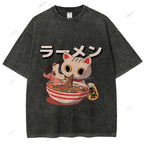 Unisex Japanese Cat Printed Washed Tee