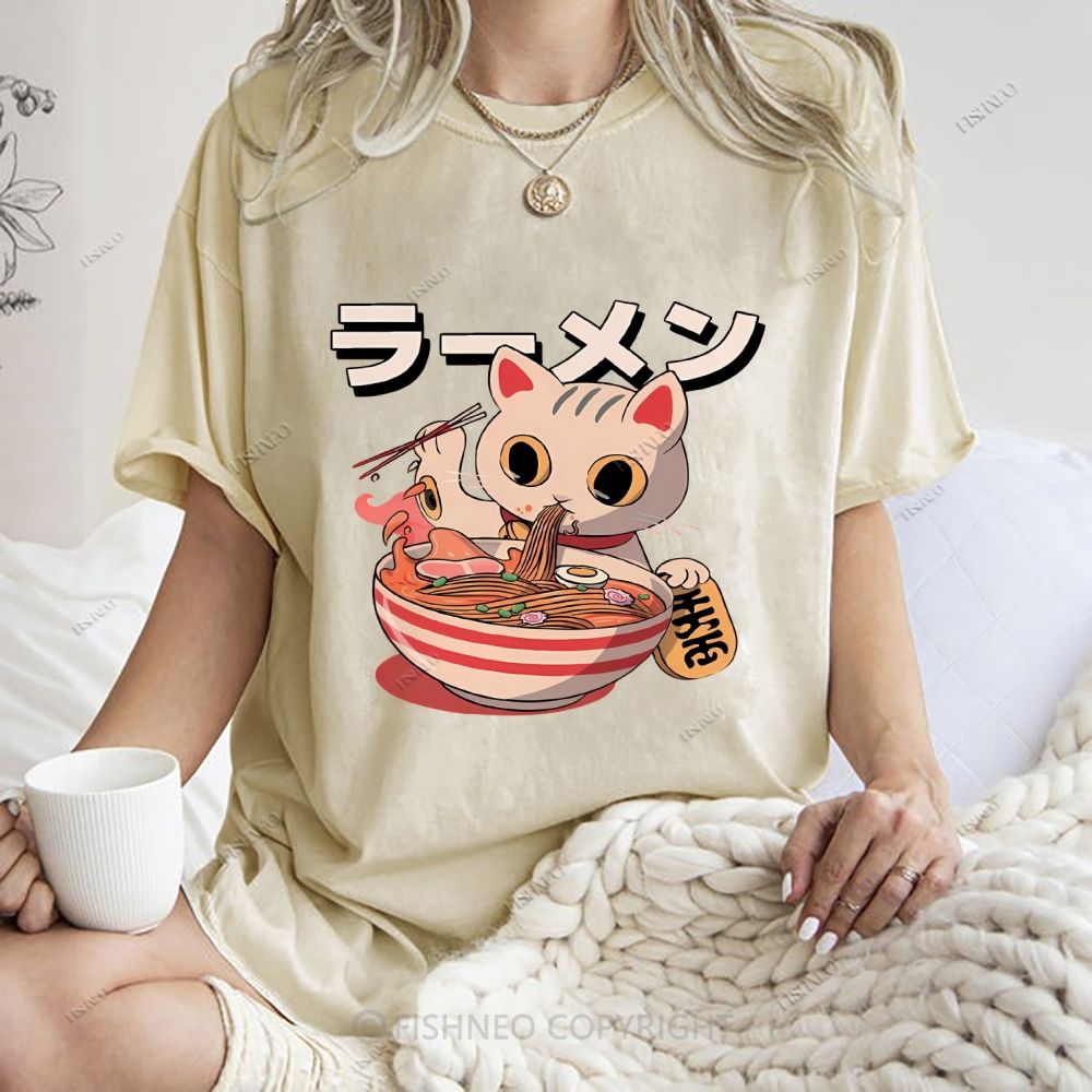 Unisex Japanese Cat Printed Washed Tee