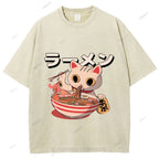 Unisex Japanese Cat Printed Washed Tee