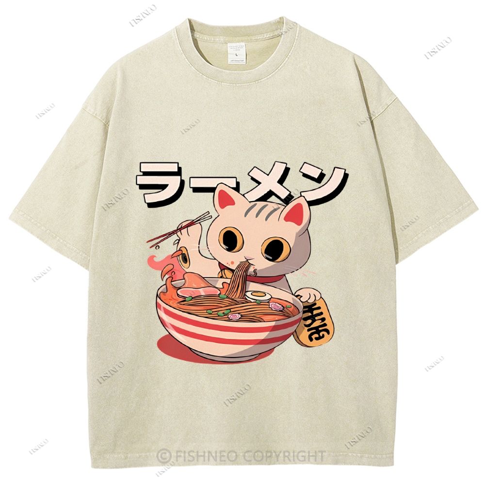 Unisex Japanese Cat Printed Washed Tee
