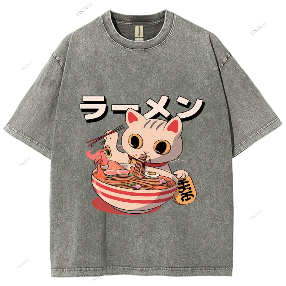 Unisex Japanese Cat Printed Washed Tee