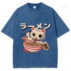 Unisex Japanese Cat Printed Washed Tee