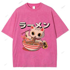 Unisex Japanese Cat Printed Washed Tee
