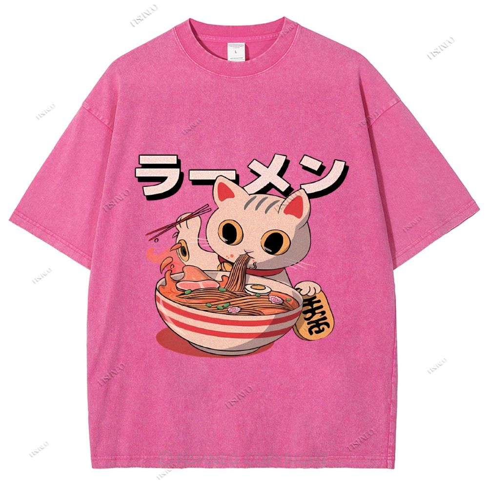 Unisex Japanese Cat Printed Washed Tee