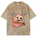 Unisex Japanese Cat Printed Washed Tee