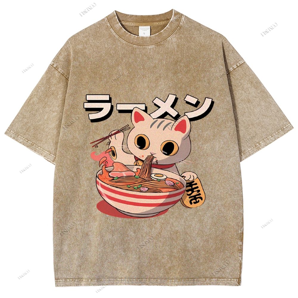 Unisex Japanese Cat Printed Washed Tee