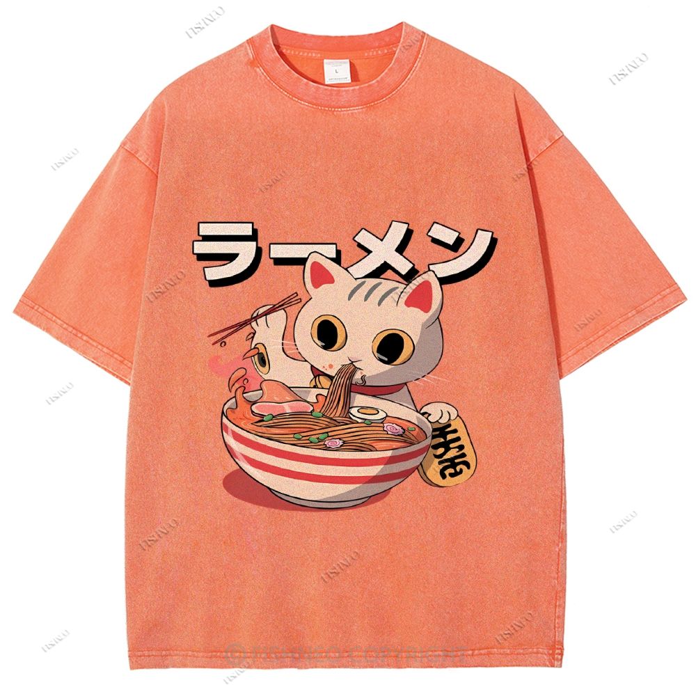 Unisex Japanese Cat Printed Washed Tee