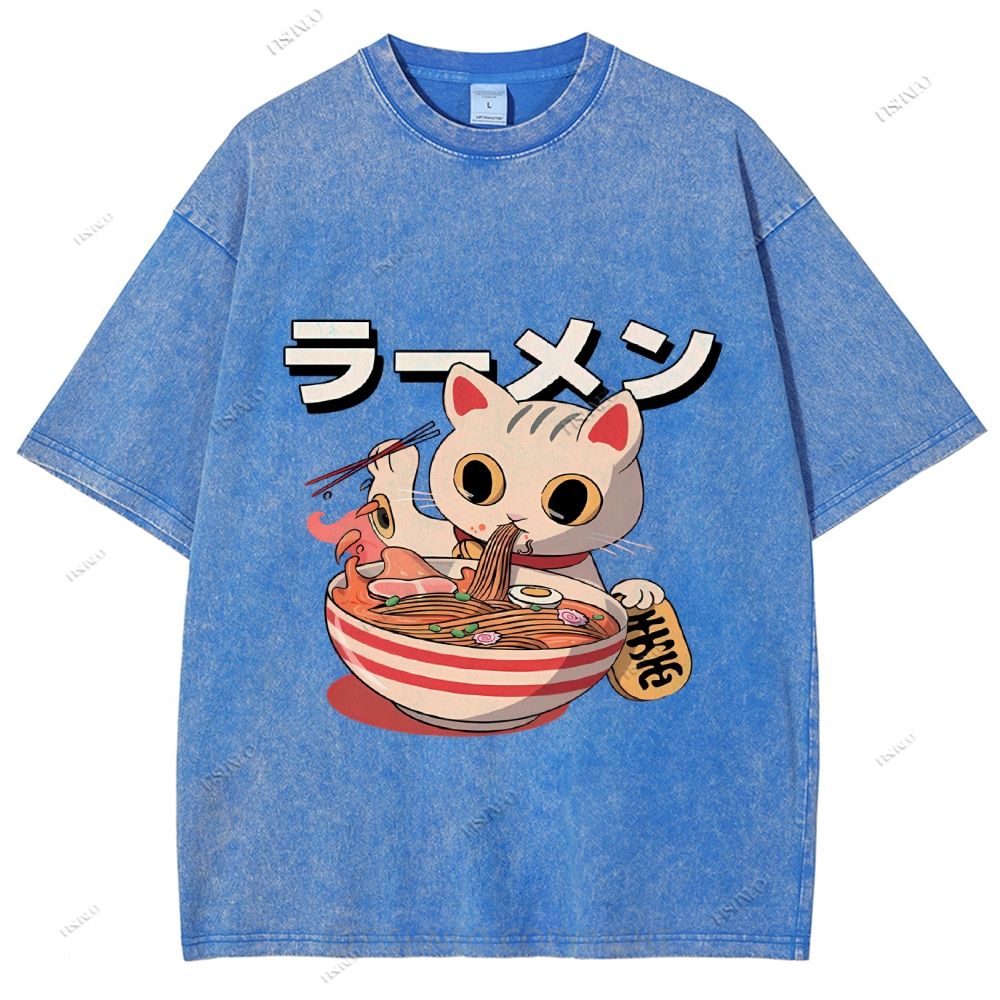 Unisex Japanese Cat Printed Washed Tee