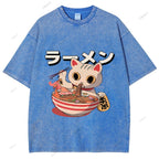 Unisex Japanese Cat Printed Washed Tee