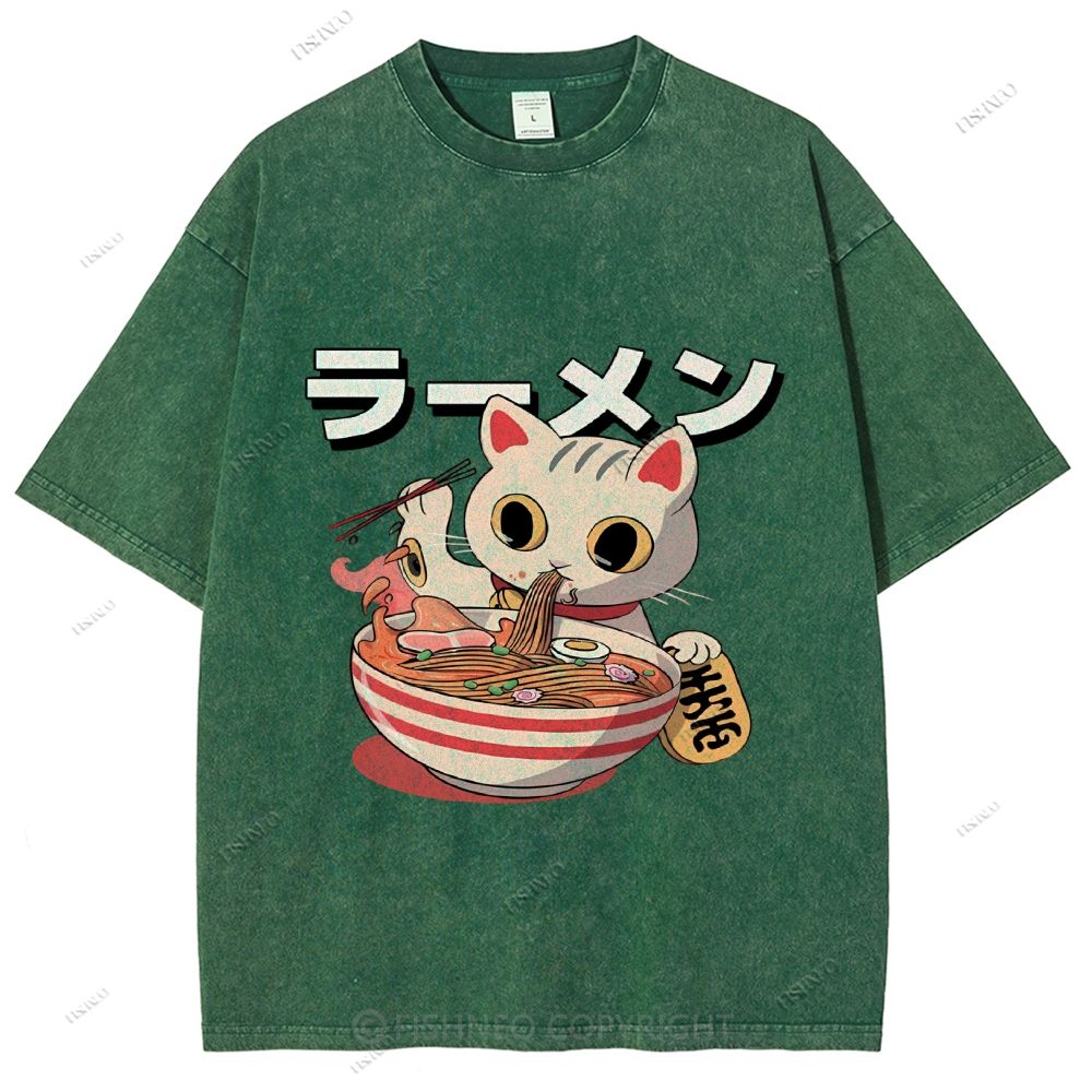 Unisex Japanese Cat Printed Washed Tee