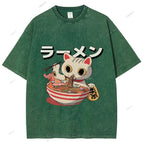 Unisex Japanese Cat Printed Washed Tee