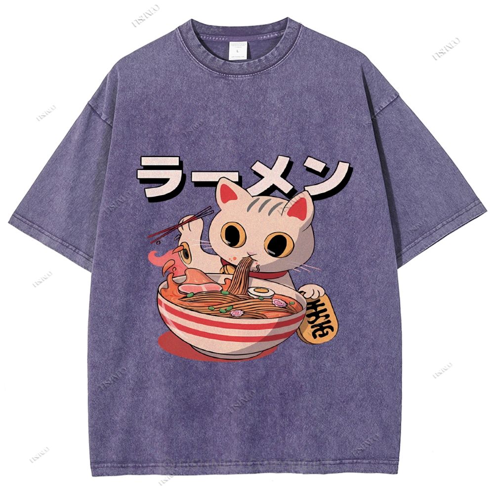 Unisex Japanese Cat Printed Washed Tee