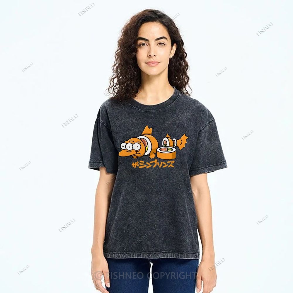 Unisex Cartoon Fish Sushi Printed Washed Tee