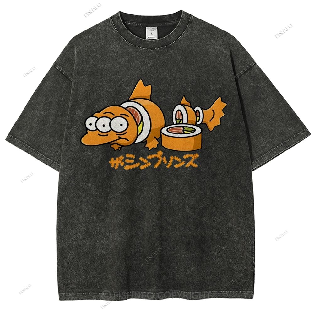 Unisex Cartoon Fish Sushi Printed Washed Tee