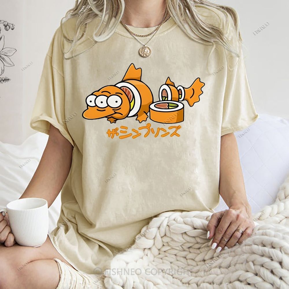 Unisex Cartoon Fish Sushi Printed Washed Tee