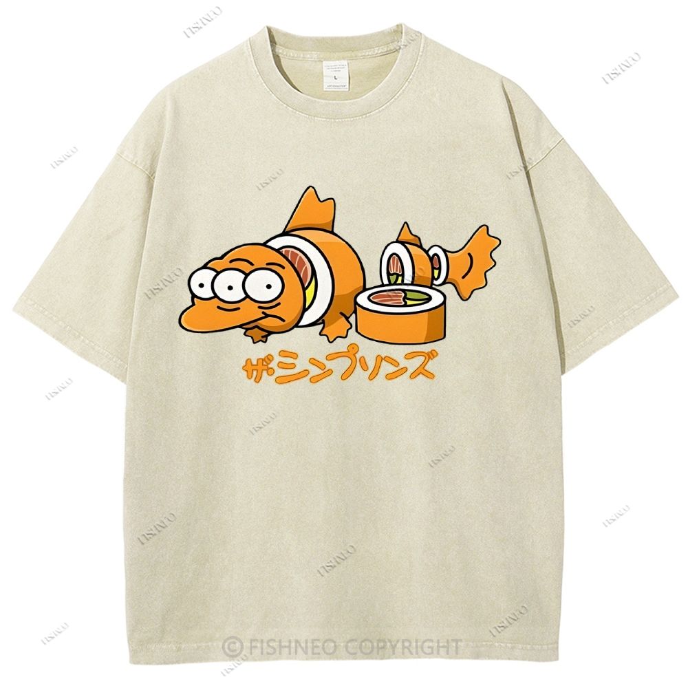 Unisex Cartoon Fish Sushi Printed Washed Tee