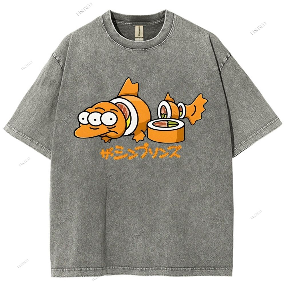 Unisex Cartoon Fish Sushi Printed Washed Tee