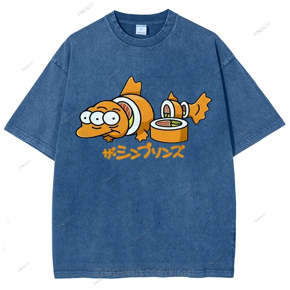 Unisex Cartoon Fish Sushi Printed Washed Tee