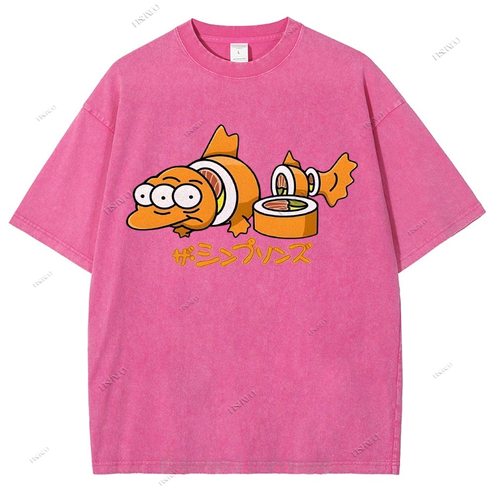 Unisex Cartoon Fish Sushi Printed Washed Tee