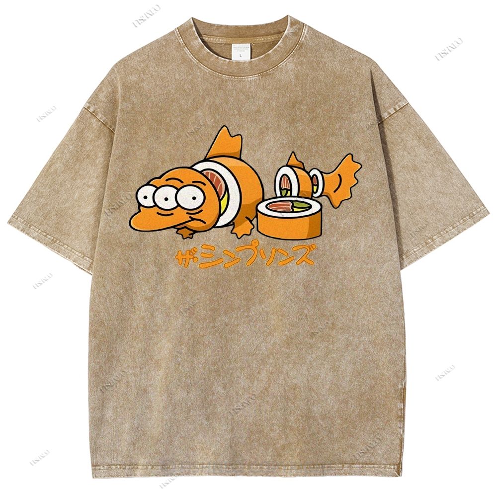Unisex Cartoon Fish Sushi Printed Washed Tee