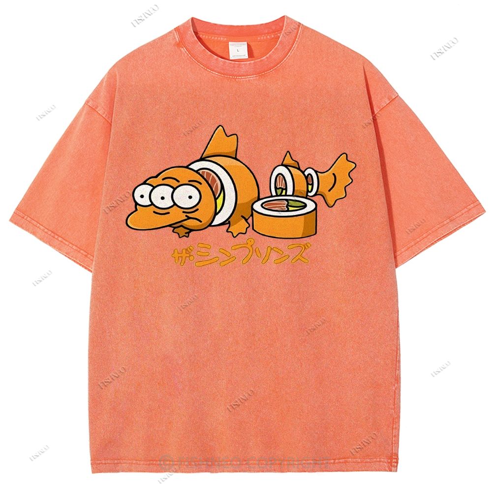 Unisex Cartoon Fish Sushi Printed Washed Tee