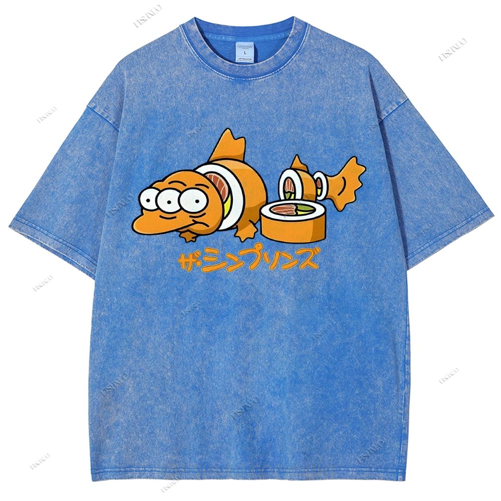 Unisex Cartoon Fish Sushi Printed Washed Tee