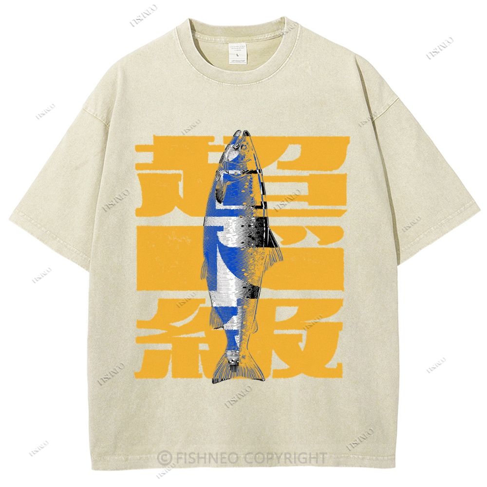 Unisex Japanese Fish Printed Washed Tee