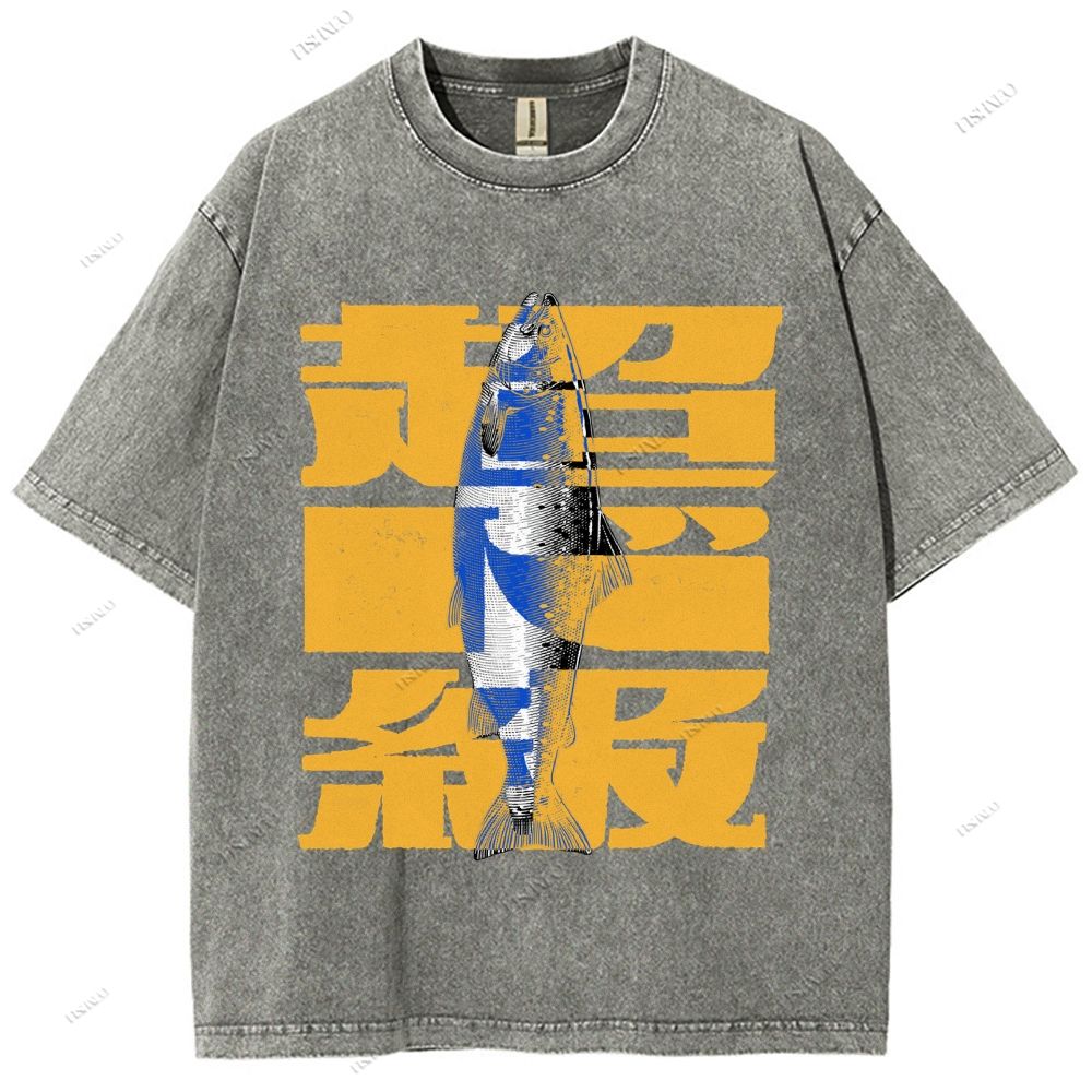 Unisex Japanese Fish Printed Washed Tee