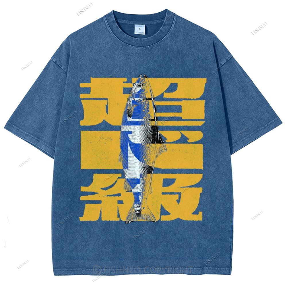 Unisex Japanese Fish Printed Washed Tee