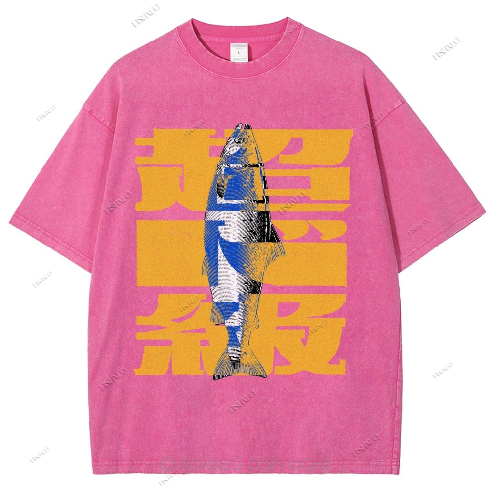 Unisex Japanese Fish Printed Washed Tee
