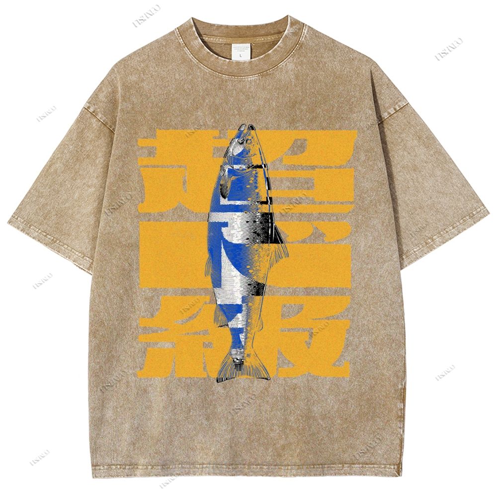 Unisex Japanese Fish Printed Washed Tee