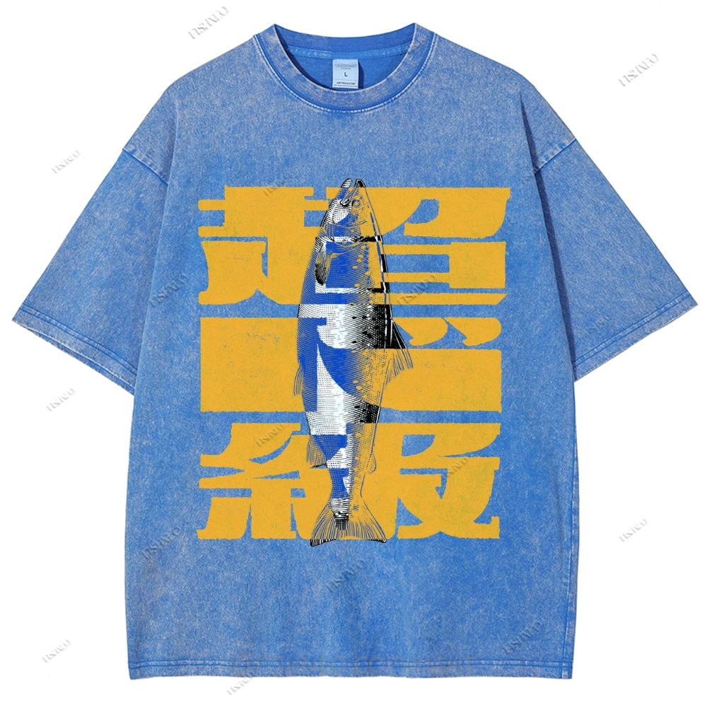 Unisex Japanese Fish Printed Washed Tee