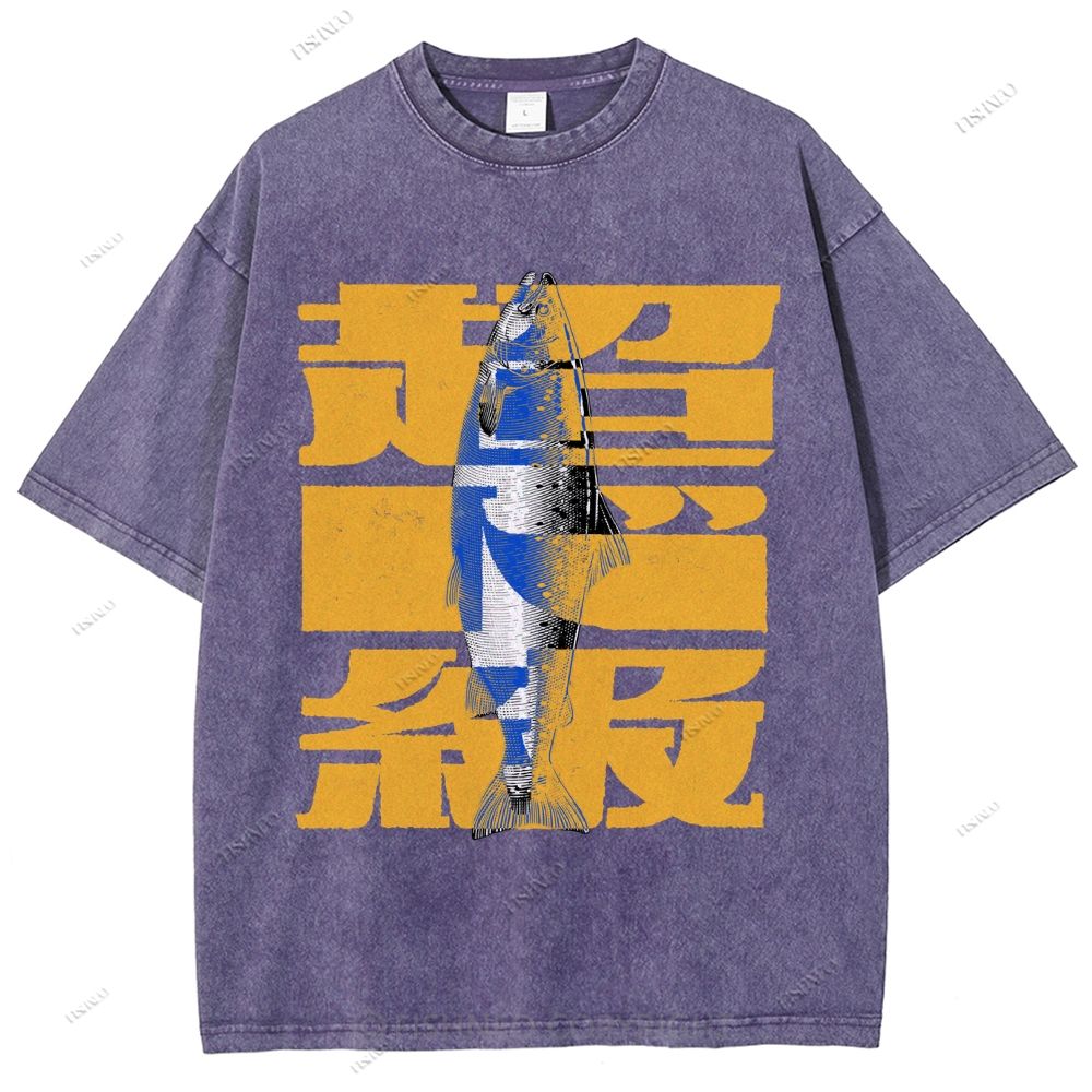 Unisex Japanese Fish Printed Washed Tee