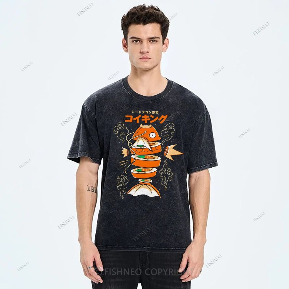 Unisex Fish Sushi Printed Washed Tee
