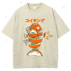 Unisex Fish Sushi Printed Washed Tee