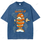 Unisex Fish Sushi Printed Washed Tee