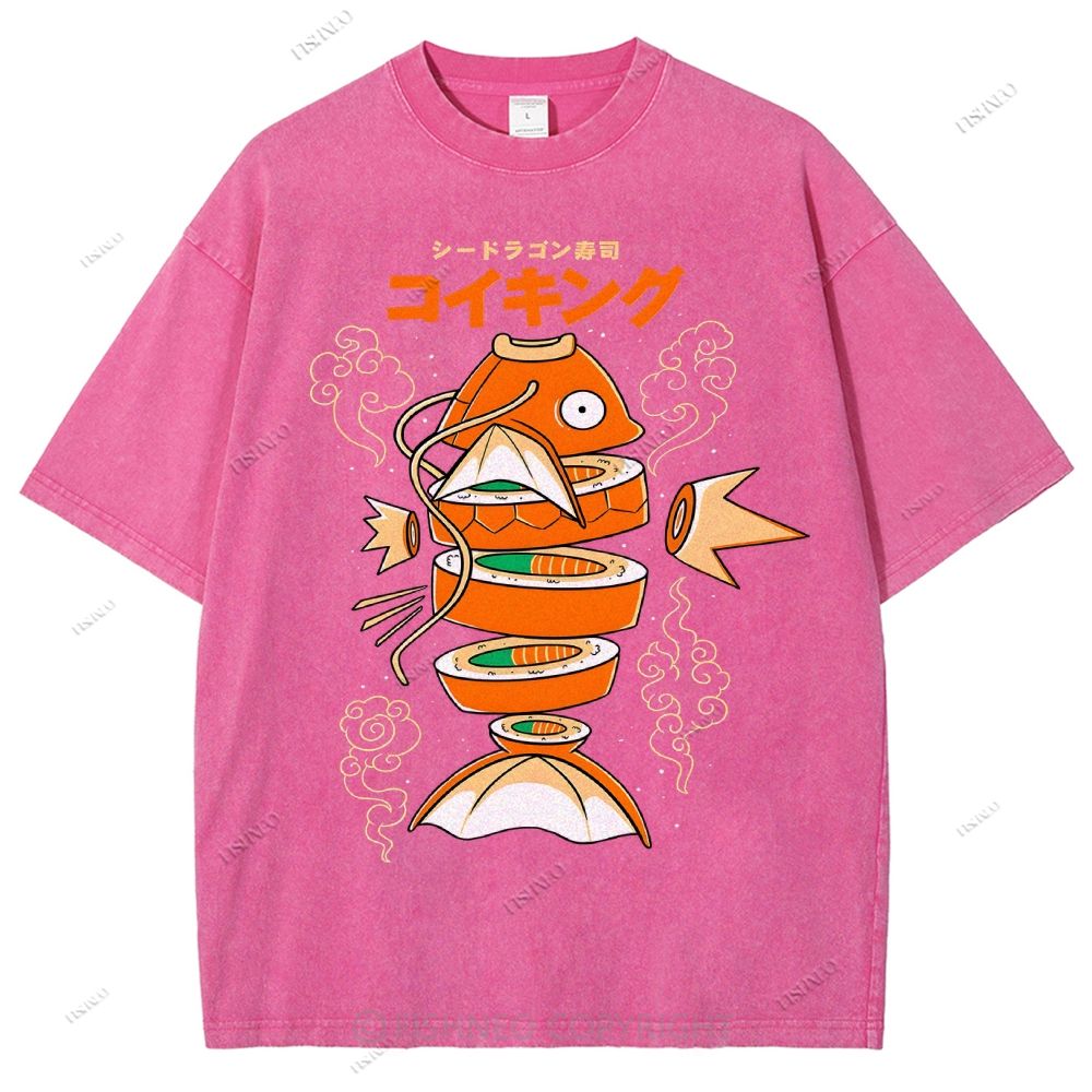 Unisex Fish Sushi Printed Washed Tee