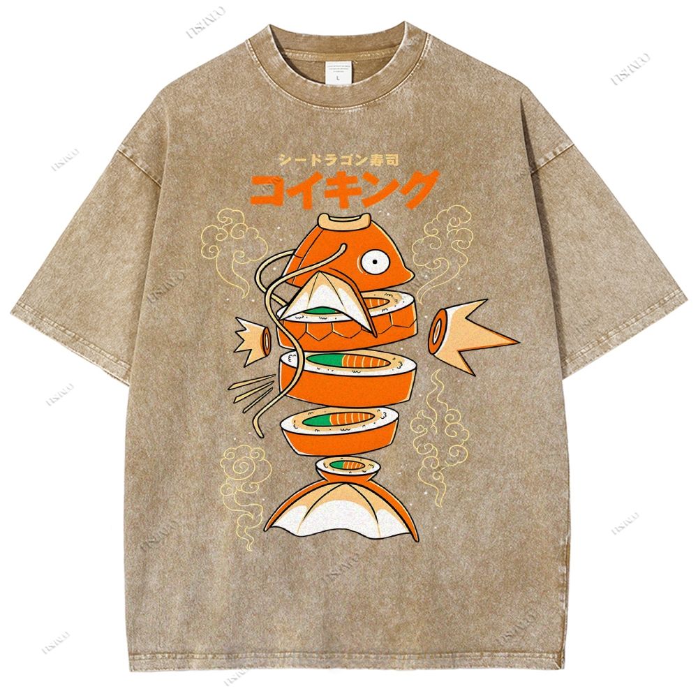 Unisex Fish Sushi Printed Washed Tee