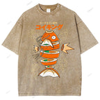 Unisex Fish Sushi Printed Washed Tee