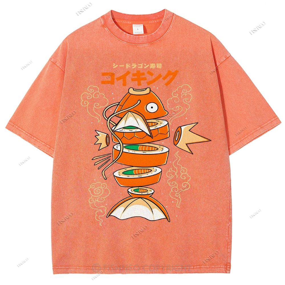 Unisex Fish Sushi Printed Washed Tee
