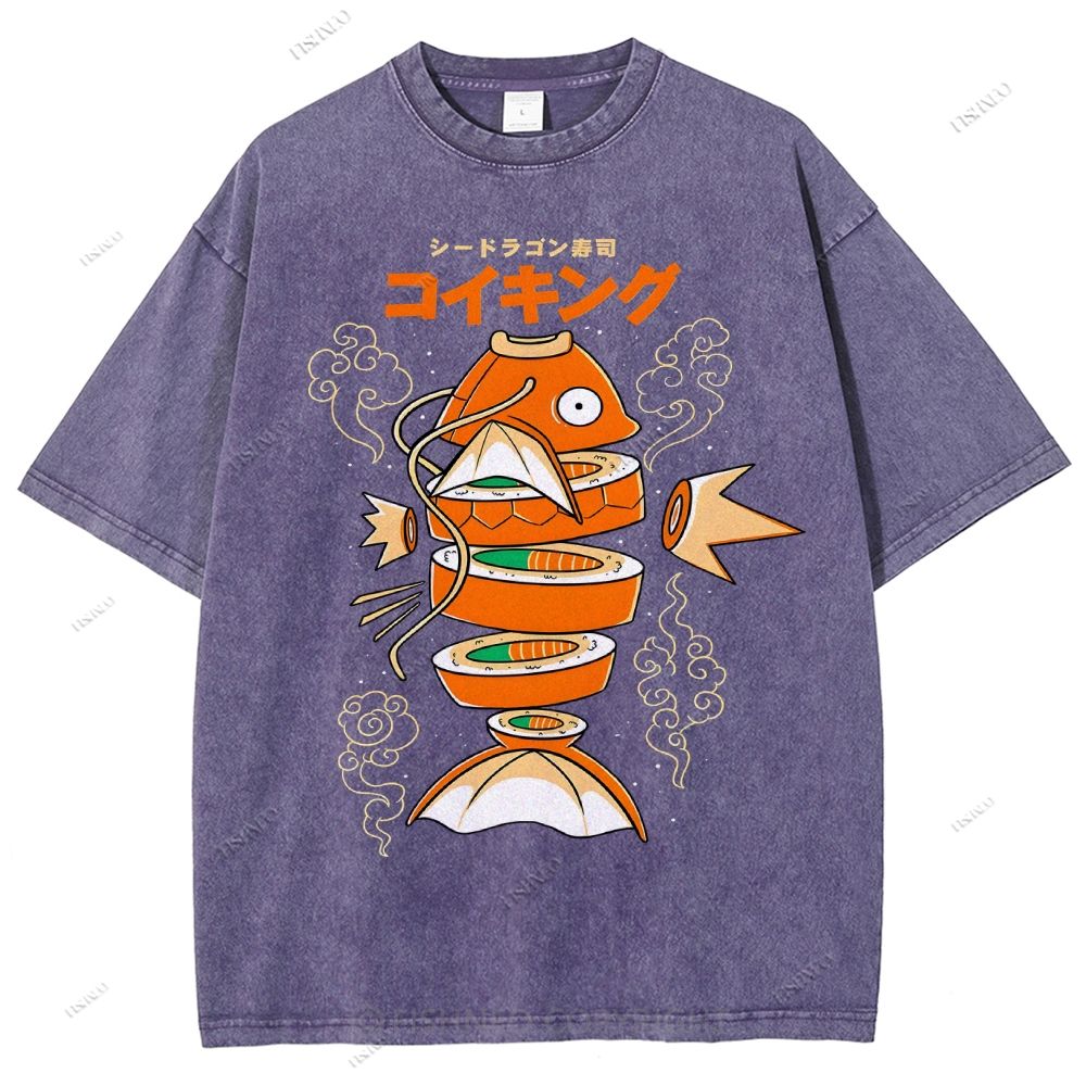 Unisex Fish Sushi Printed Washed Tee