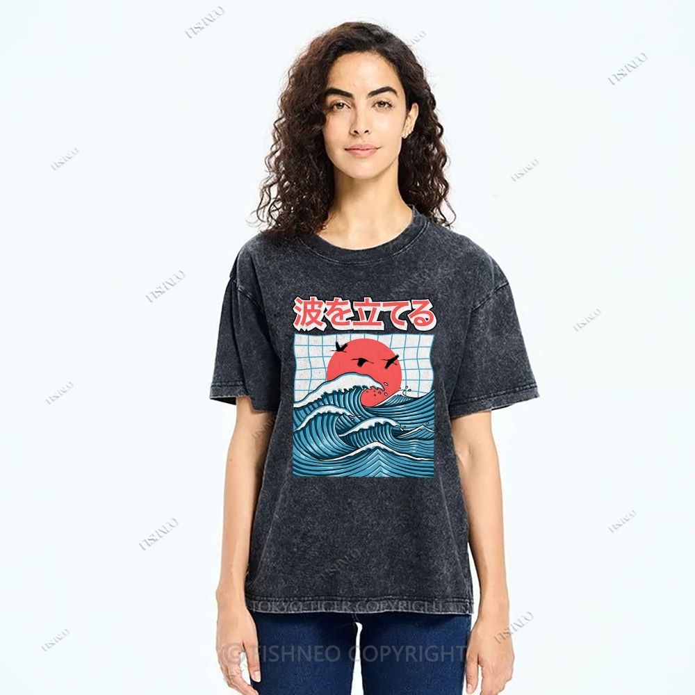 Unisex Japanese Waves Printed Washed Tee