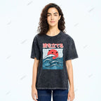 Unisex Japanese Waves Printed Washed Tee
