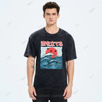 Unisex Japanese Waves Printed Washed Tee
