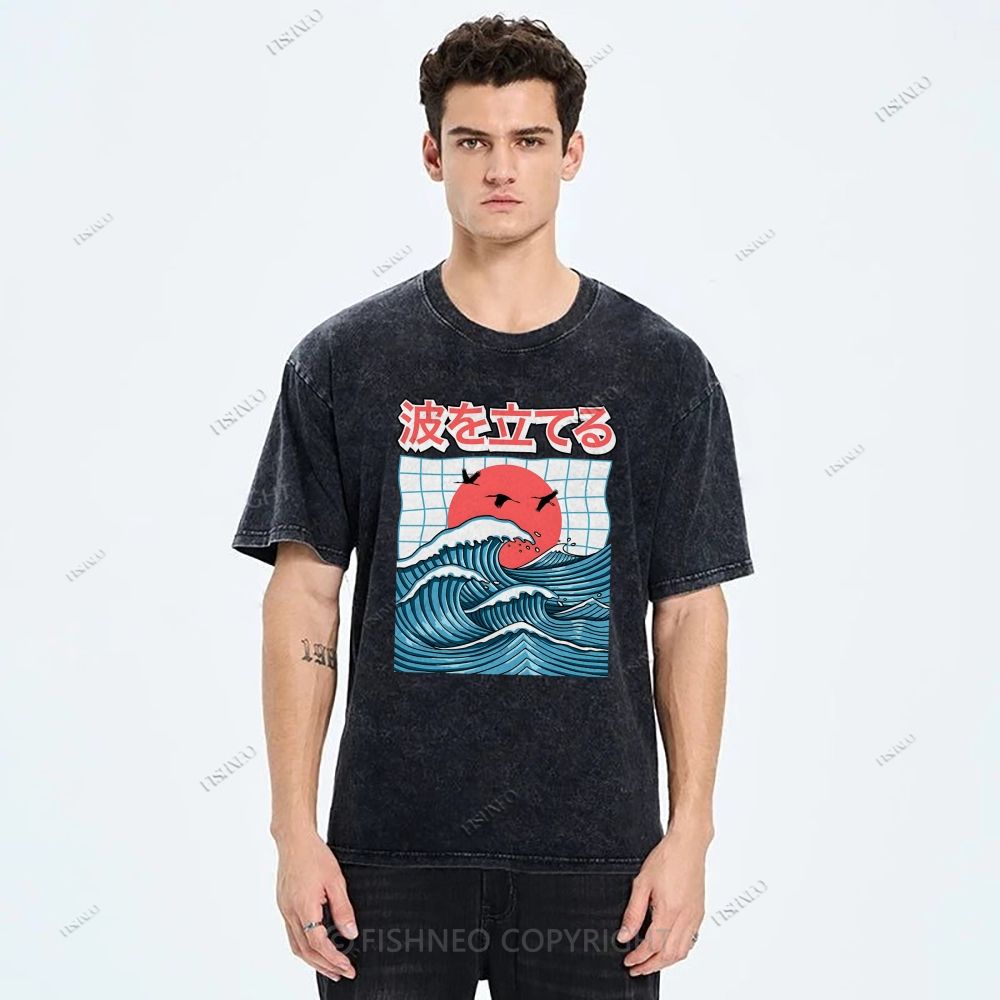 Unisex Japanese Waves Printed Washed Tee